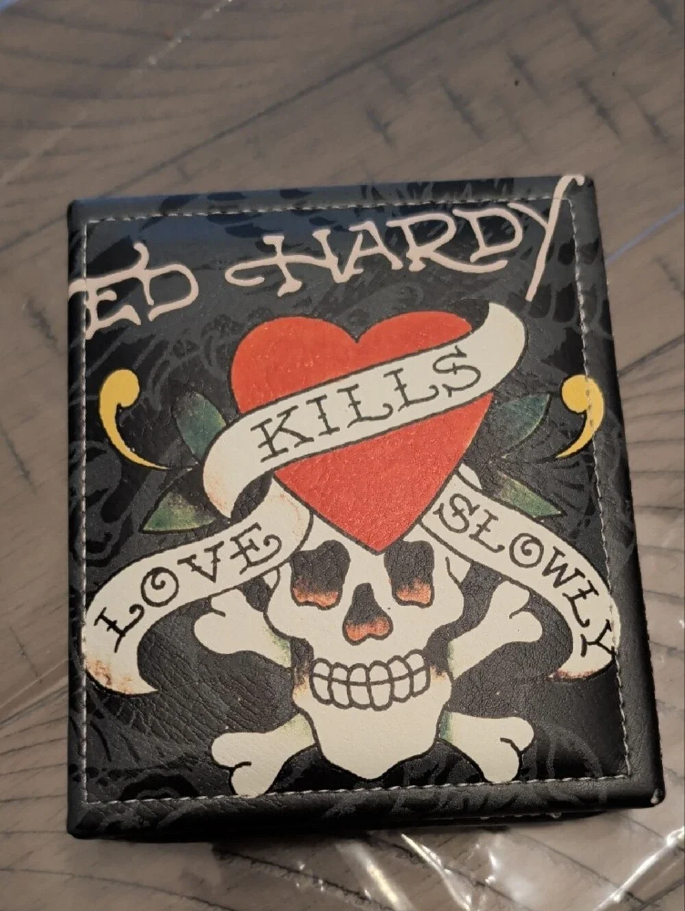 Ed Hardy Black Men’s Bifold Wallet with Silver Logo Accent